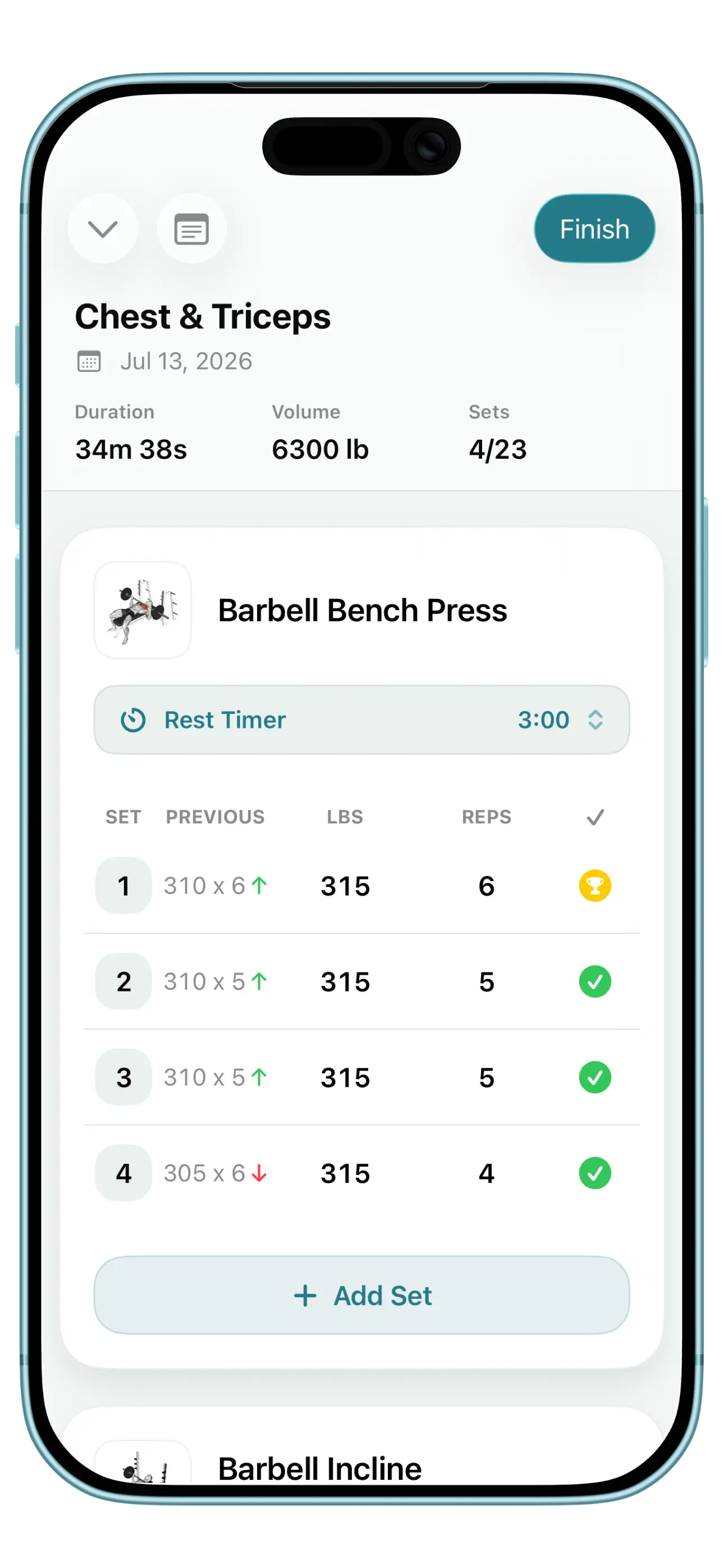 SetGrip workout screen: a Chest & Triceps session with Barbell Bench Press sets, previous numbers, a rest timer, and a new-record trophy