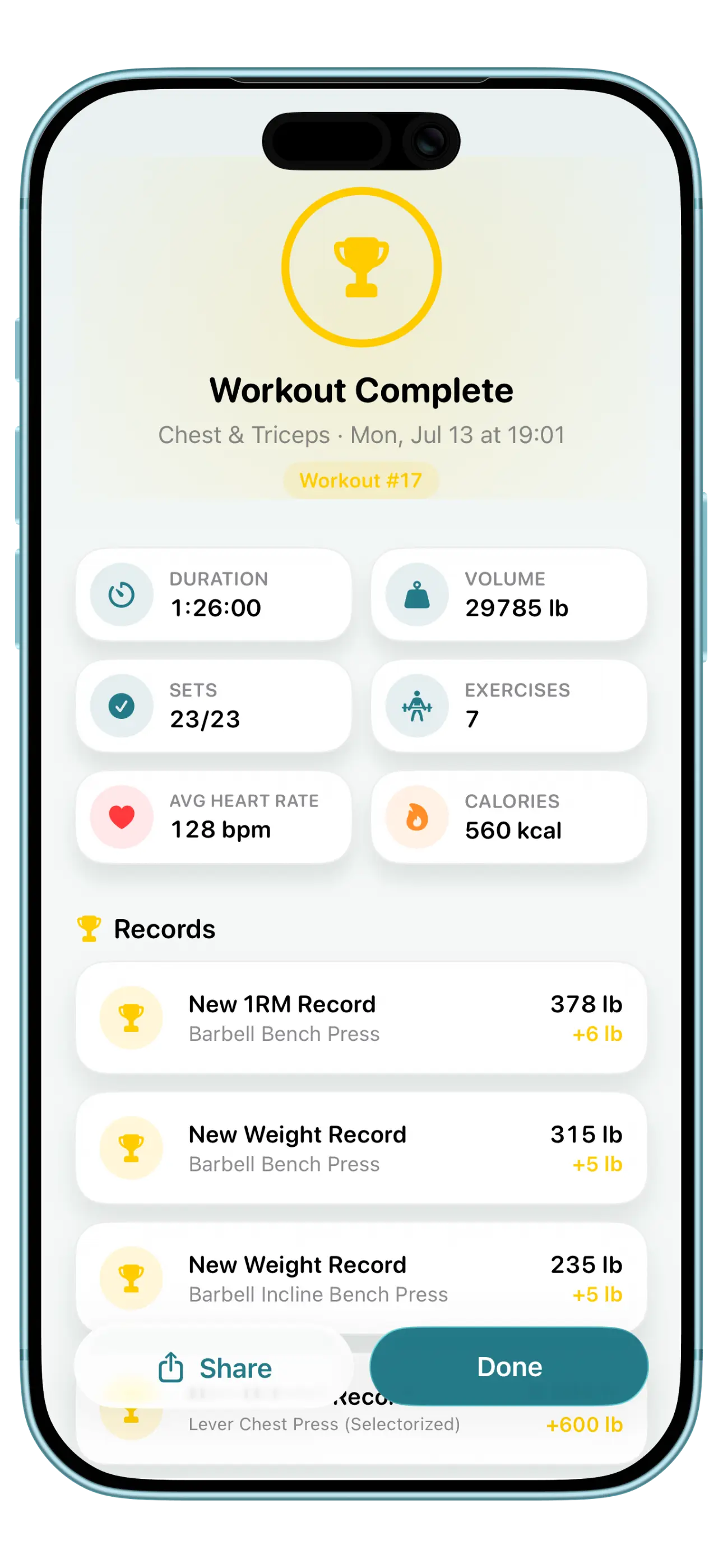SetGrip workout complete screen: duration, volume, sets, heart rate and calories, plus a list of new records