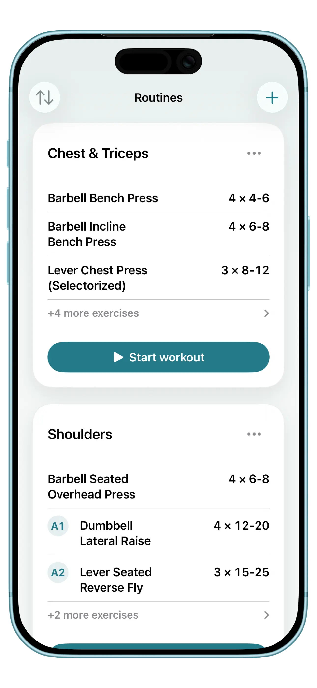 SetGrip routines screen: a Chest & Triceps routine with rep ranges and a Start workout button, and a Shoulders routine with a superset