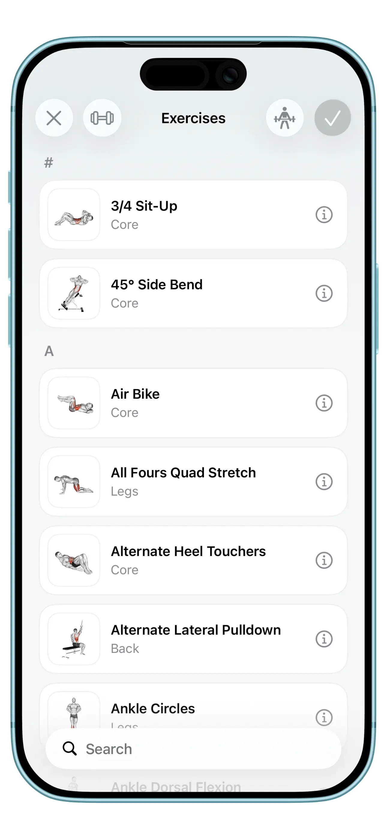 SetGrip exercise library: an alphabetical list of illustrated exercises with muscle group tags and search