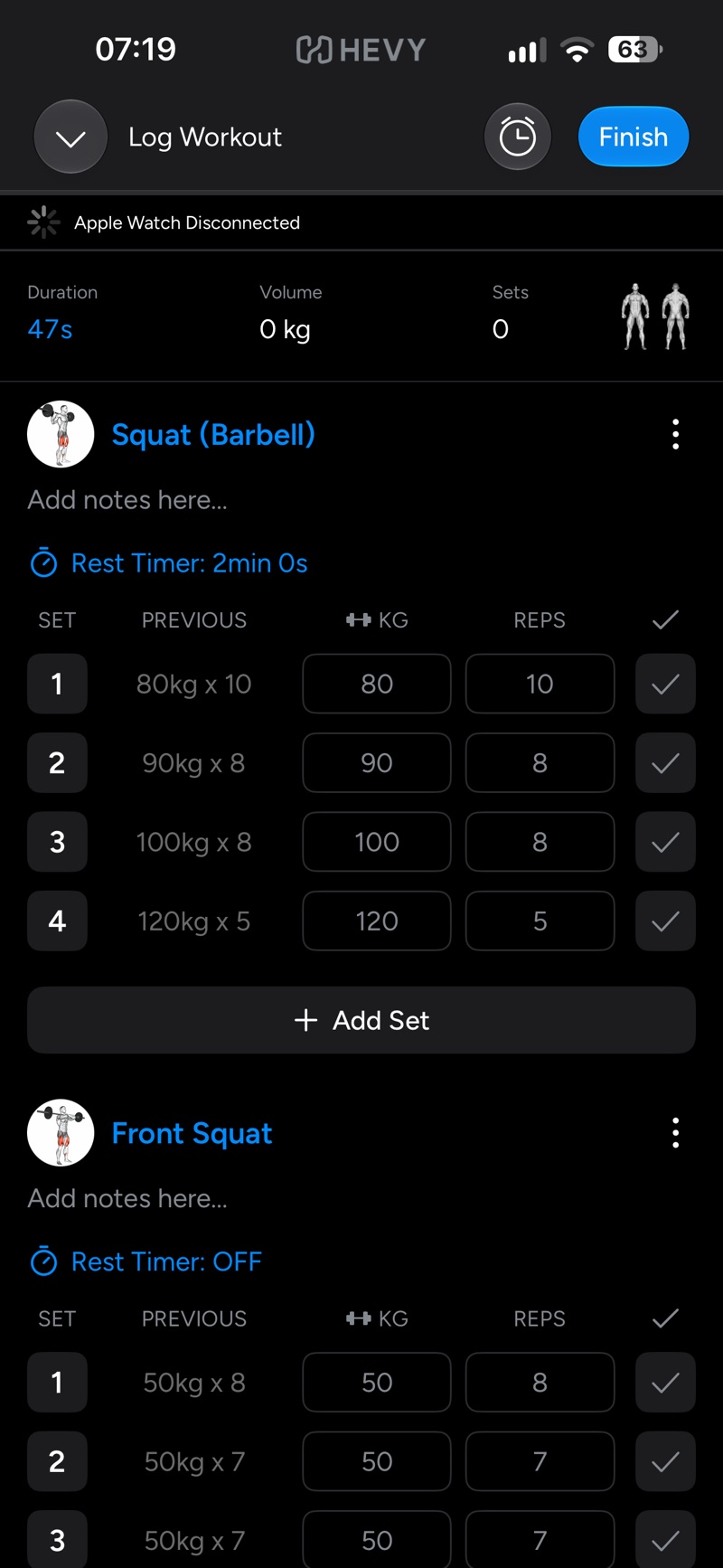 Hevy's Log Workout screen on iPhone with an Apple Watch Disconnected banner above a Squat (Barbell) exercise with four sets, previous values and a rest timer