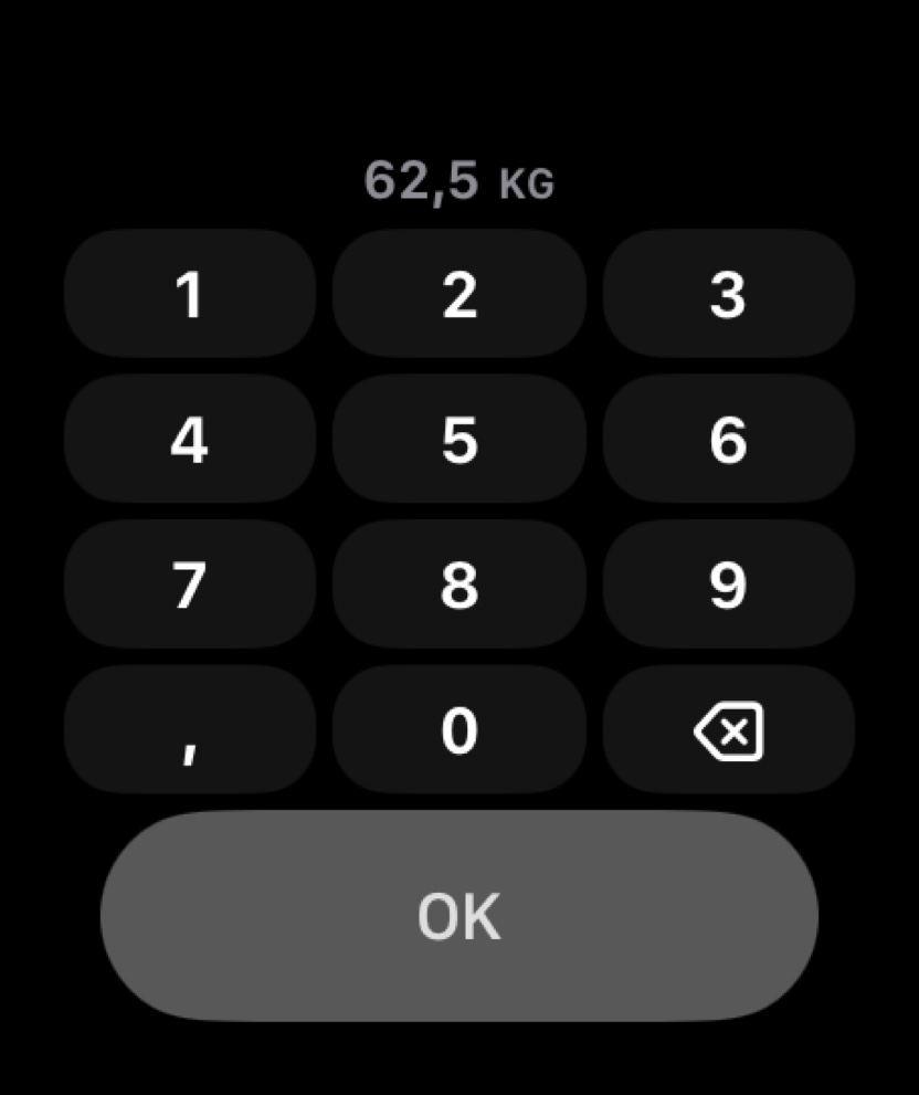 SetGrip number pad on Apple Watch for entering a weight in kilograms, with digits 0 to 9, a decimal key, a delete key and an OK button