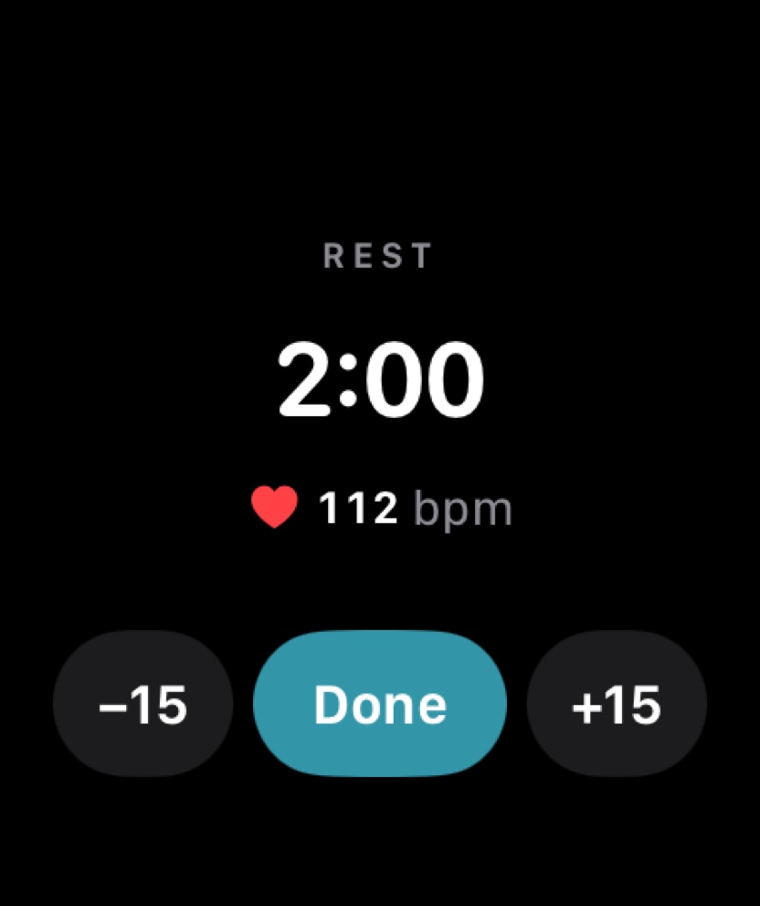 SetGrip rest timer on Apple Watch showing REST, 2:00 remaining, 112 bpm heart rate and -15, Done and +15 buttons