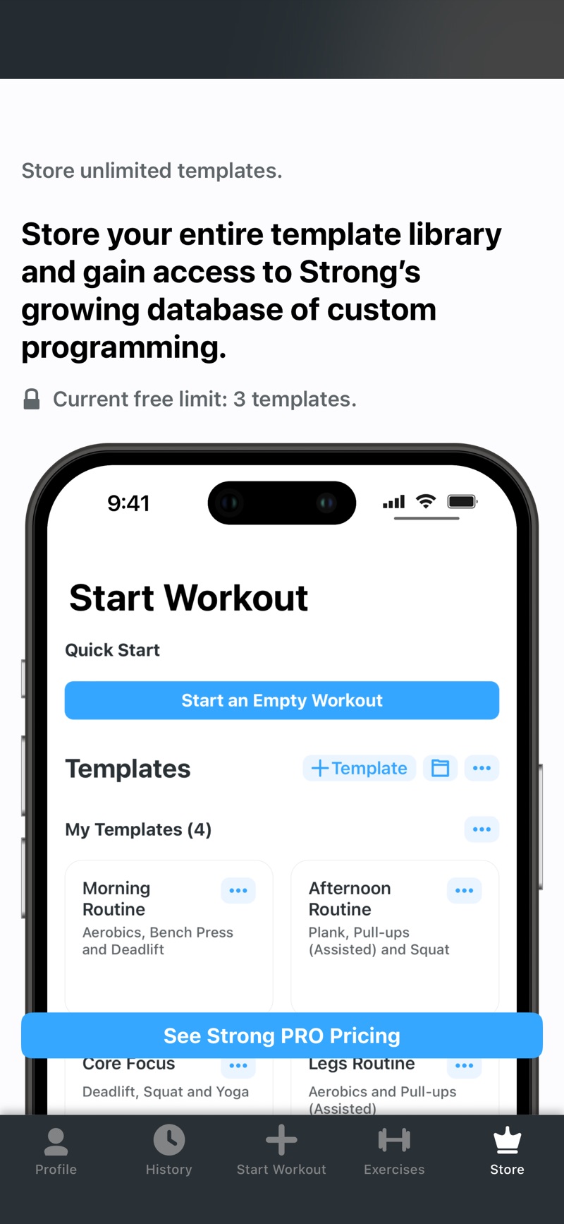 Strong's in-app Store page stating Current free limit: 3 templates above a See Strong PRO Pricing button