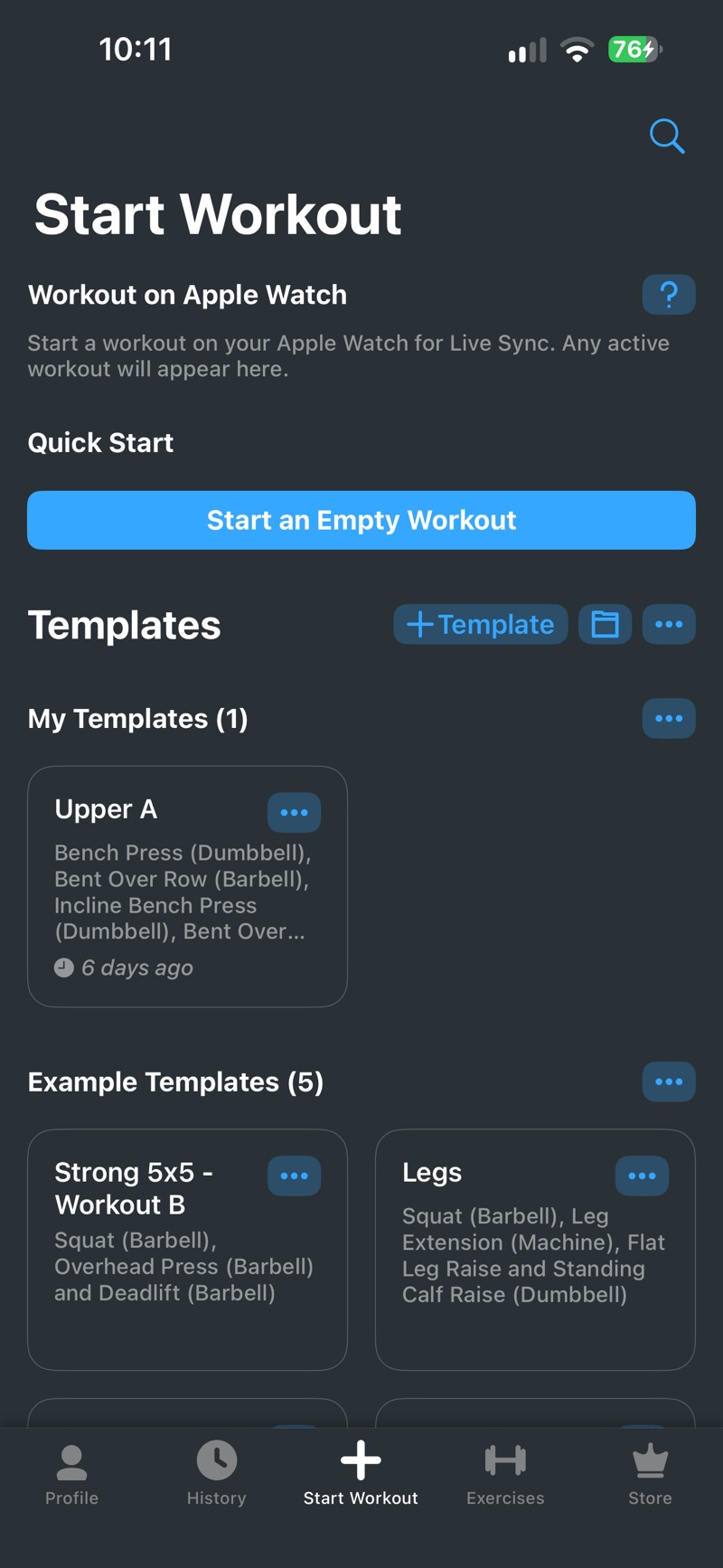Strong's Start Workout screen with the Workout on Apple Watch section, a Start an Empty Workout button, one saved template and example templates