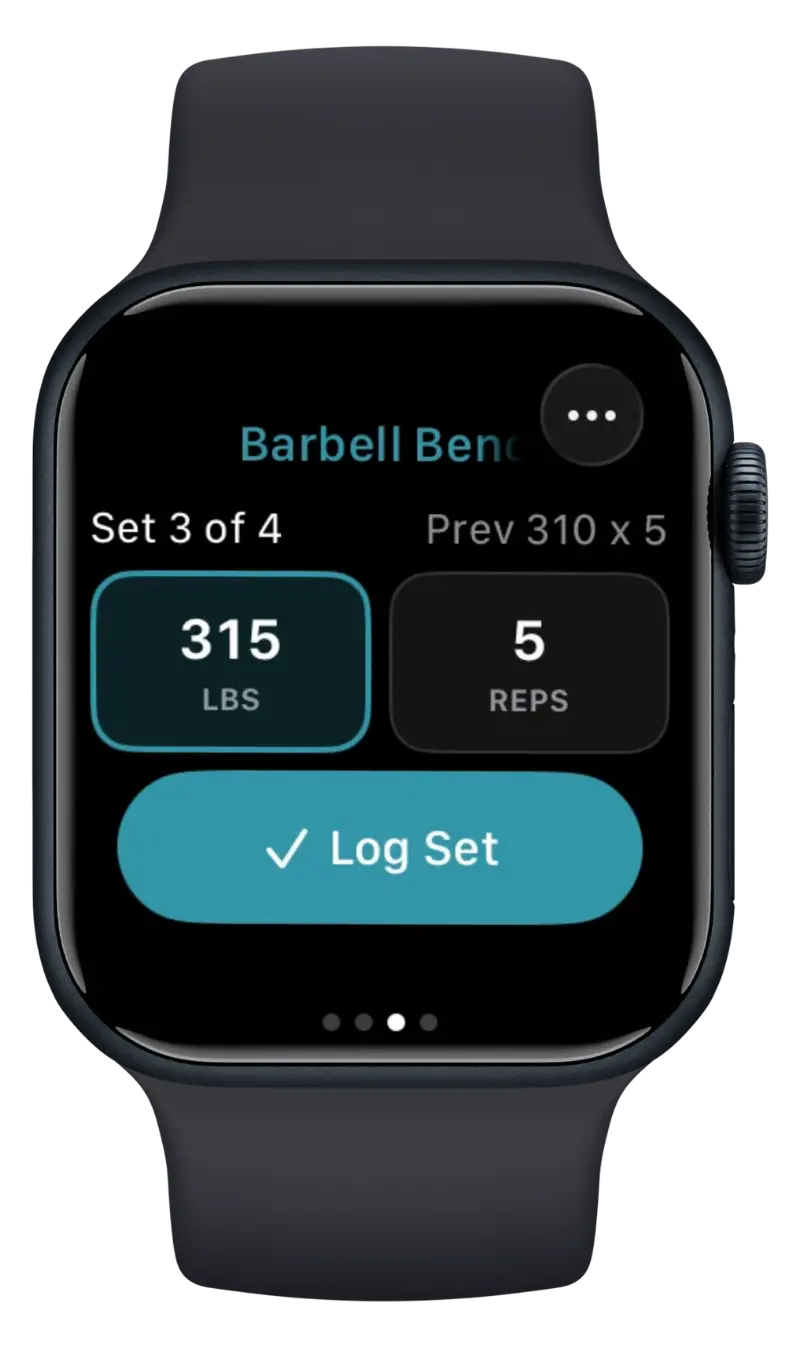 Apple Watch showing SetGrip set logging with weight, reps and a Log Set button