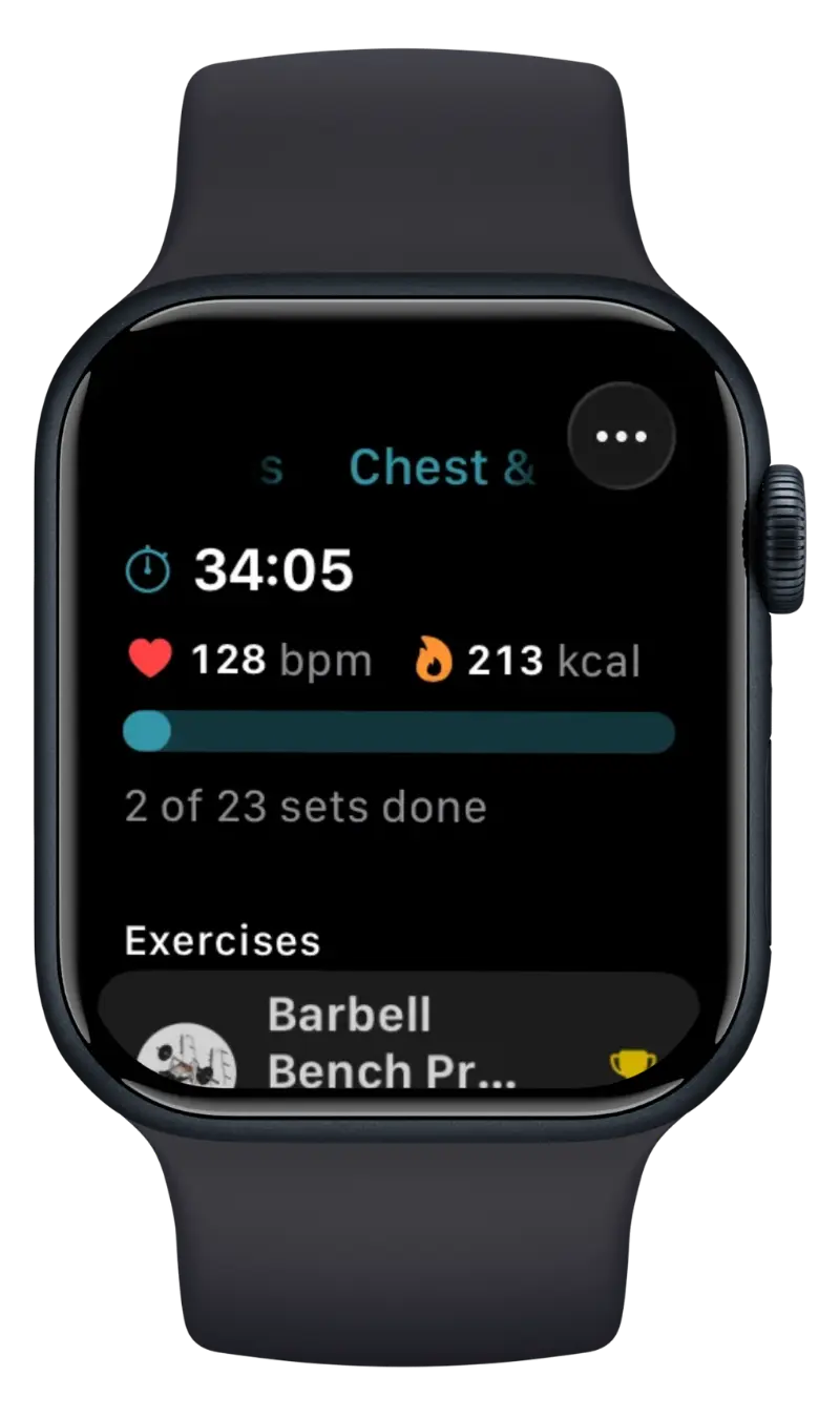 Apple Watch showing an active SetGrip workout with elapsed time, heart rate, calories and set progress
