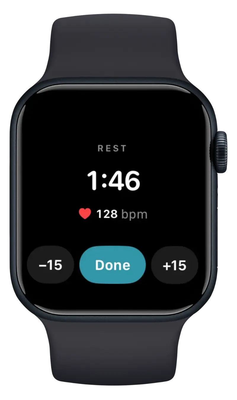 Apple Watch showing the SetGrip rest timer with heart rate and buttons to adjust rest